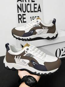 GAISIMA Men's Multi-Color Patchwork Label Decor Thick Sole Sports Shoes, Casual Anti-Slip Lace-Up Skateboard Shoes, Suitable For Street Outings In Spring And Autumn - Khaki - View 3