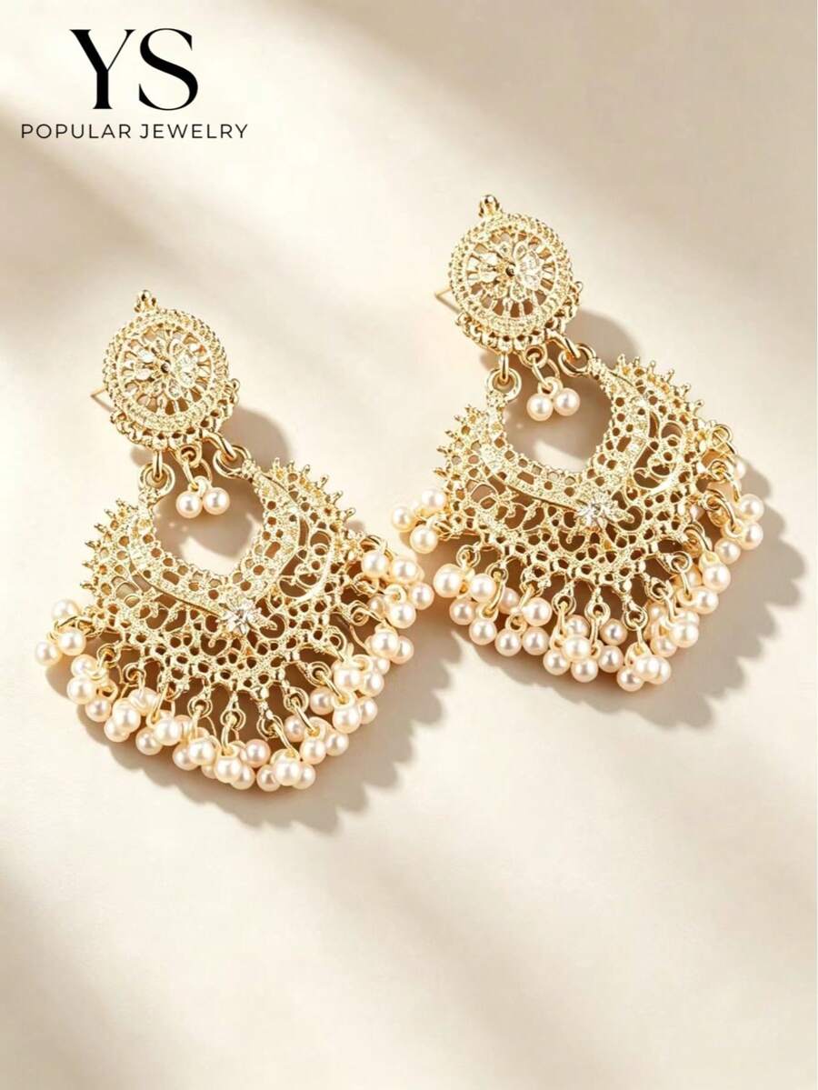 1pc Bohemian Style Heart-Shaped Bell Drop Earrings, Faux Pearl Dangle Jewelry For Women, Elegant Exaggerated Style - Gold - View 1