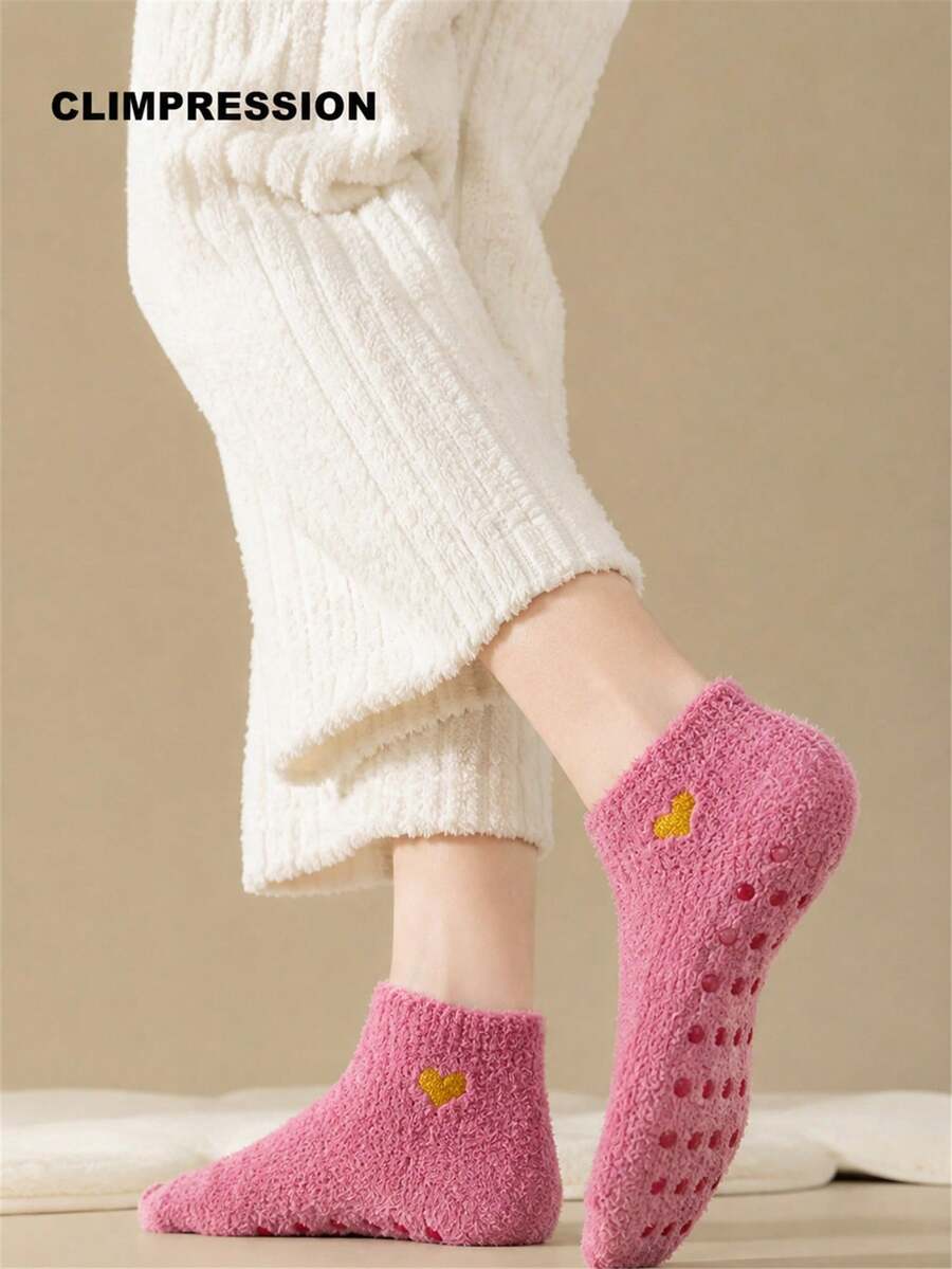 CLIMPRESSION Women's Fluffy Coral Fleece Socks, Cute Heart Embroidered Non-Slip Slipper Socks, Warm Soft Comfortable Winter Sleep Home Socks - Hot Pink - View 1