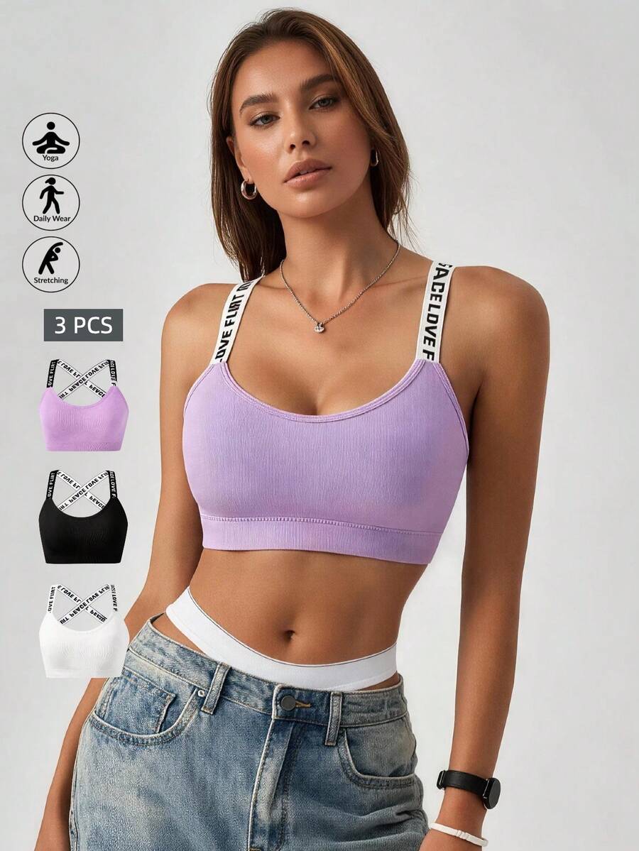 Runway Rest 3pcs Bra Olahraga dengan Tali Huruf untuk Wanita, Cocok untuk Yoga, Lari, dan Olahraga - MultiWarna - View 1
