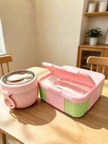 SEAL LOCK 2 Pieces Colorblock Divided Lunch Box And Sealed Soup Bowl Set With Built-In Spoon And Fork Utensils, Food And Soup Separation, Portable Bento Box For Office Workers, Students, Outdoor Picnic, Commuting, School, Multi-Scenario Use, Anti-Cross-Flavor - Multicolor - View 3