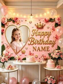 Customized Personalized Birthday Backdrop, Customizable Photo Name, Rose Crown Butterfly Decoration, Adding Unique Atmosphere To Your Birthday Party. Customizable Items, Customized Bed Head Flag Tapestry, And Exclusive Image Text Photo, Perfect Gift For Family, Friends And Yourself, Baby Room Decoration, Children's Birthday Party Decoration. - Multicolor - View 3