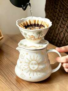 2pcs Drip Coffee Maker Set, Decorated With Sun, Camel, Palm Tree, Moon, Star, Auspicious Cloud Patterns, Ceramic Glass Carafe And Ceramic Coffee Dripper, Suitable For Home, Camping And Outdoor Activities Handheld Coffee Brewer - Multicolor - View 1