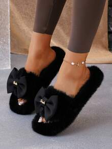 Women's Elegant Metal Letter Bow Plush Slippers, Thick Sole Soft Warm Fuzzy House Slippers - Black - View 5