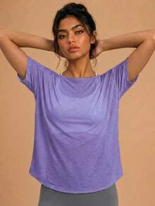 Never me Women's Soft Pilates Yoga Sports Top, Short Sleeve Comfortable Daily Solid Color Backless Twist T-Shirt - Purple - View 2
