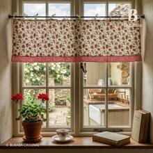 1pc Floral Bow Window Valance, Red Plaid Ruffle Edge Coffee Short Curtain, American Country Kitchen Window Curtain (150*60cm) - Multicolor - View 6