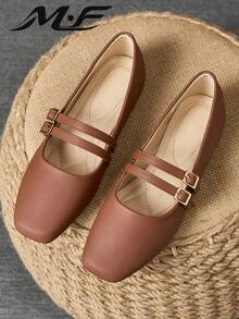 WHDXY Women's Brown Square Toe Flat Shoes With Dual Straps, Comfortable And Elegant, Suitable For Commuting And Casual Occasions - Brown - View 2