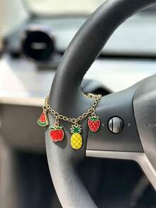 1pc Cute Fruit Charms Steering Wheel Decor Chain, Watermelon Apple Pineapple Strawberry Cherry Pendant Vehicle Interior Ornament, Car Accessory - A - View 3