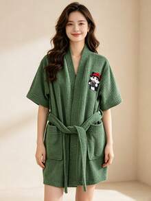 1 chiếc áo choàng tắm nỉ nhẹ cho nữ và bé gái, áo choàng spa kiểu kimono ngắn, nhanh khô, mềm mại và thấm hút tốt sau khi tắm - Áo choàng tắm tay ngắn vải nhung ngô họa tiết mèo cà phê - Xem 12