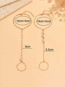 2pcs/Set Minimalist Elegant Women's Finger Bracelet With Sparkling Heart Rhinestones And Gold Chain Decor, Fashionable Hand Accessory Suitable For Daily Wear, Dating, Shopping And Party - Gold - View 4