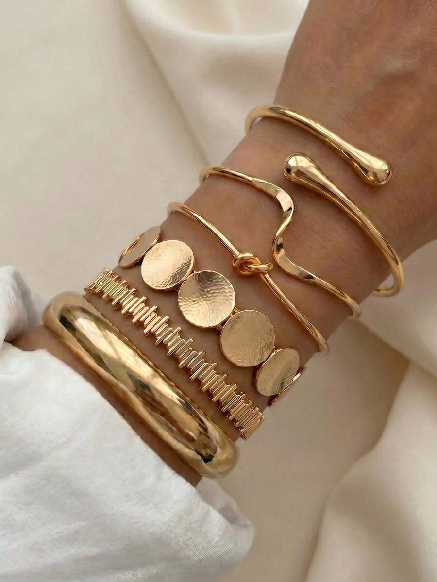 1/6pcs Fashion Minimalist Exaggerated Old Money Style Water Drop Round Disc Wide Cuff Bracelet Set For Women, Suitable For Vacation, Date, Party, Ball, Banquet, Holiday, Birthday Gift, Daily Wear - Yellow Gold - View 1