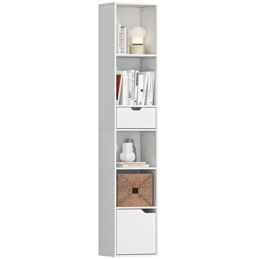 Boekenkast, boekenplank, opbergmeubel met lade, kast, open vakken, 30 x 24 x 158 cm, wit - A - Bekijken 1