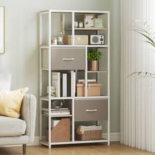 Scaffale contenitore a 6 ripiani, libreria con 2 cassetti in tessuto, 9 ripiani a giorno, 72,5 x 30 x 150 cm, bianco - A - Visualizzare 3
