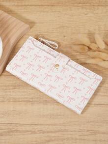 Fashionable Bow Print Long Wallet With Zipper And Buckle Fold Design, Suitable For Carrying Small Phones, Ideal For Outdoor And Travel - White - View 6