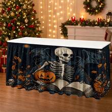 1pc Halloween Party Table Skirt, 2D Flat Skeleton Reading With Pumpkin Pattern, Suitable For Home Decor, Holiday Decoration, Party Supplies, Halloween Party Gift, Halloween Event Decoration, Tabletop Decoration - A - View 3