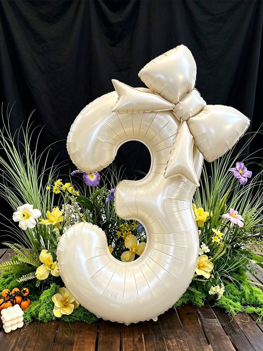 2件裝奶油白箔氣球兒童生日派對裝飾 大氣球 啞光蝴蝶結裝飾 用於派對與背景牆裝飾