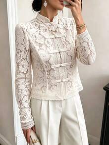 Blus Wanita Kasual Serbaguna Motif Bunga Jala Renda Musim Semi/Gugur dengan Lengan Panjang Mengembang dan Kancing Depan, Cocok untuk Acara Santai dan Jalan-jalan, Kemeja Wanita Elegan - Putih - View 2