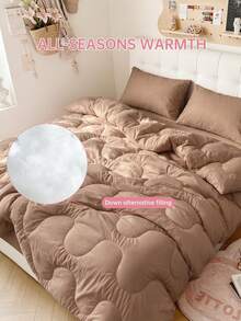 HONEYMOON 1pc Wavy Stitch Quilted Comforter, Polyester Fabric, Solid Color, Soft & Breathable, Wrinkle-Resistant, Down Alternative Bedding, T Q K Size, Suitable For Home And Dorm, Khaki - Khaki - View 6
