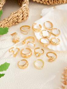 12pcs Vintage Punk Baroque Faux Pearl Asymmetric Water Drop Hollow Ring Set, Fashionable Geometric Design Rings, Suitable For Women's Daily Outfit And Party Accessories - Yellow Gold - View 8