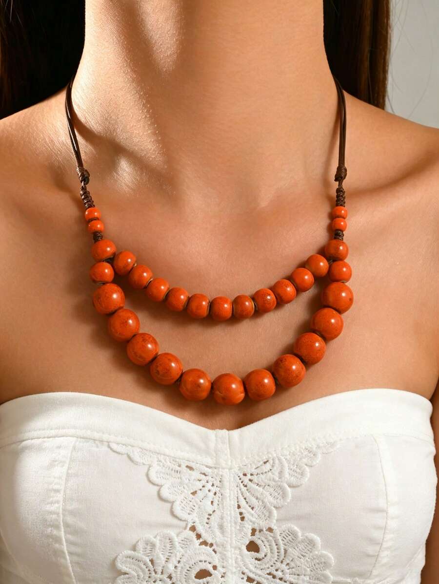 1pc Bohemian Vintage Floral Pattern Orange Beaded Adjustable Drawstring Necklace Sweater Chain Suitable For Women Daily Wear, Vacation, Party - Orange - View 1