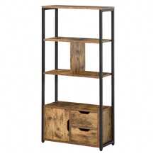 Estante de estilo industrial com 3 prateleiras, porta de armário, 2 gavetas, em aglomerado com acabamento em madeira envelhecida e detalhes em aço preto. - A - Ver 2