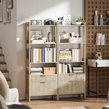 Hoge boekenkast, opbergmeubel met 4 open planken en 2 geribbelde laden, 60 x 30 x 160 cm, naturel hout - A - Bekijken 11