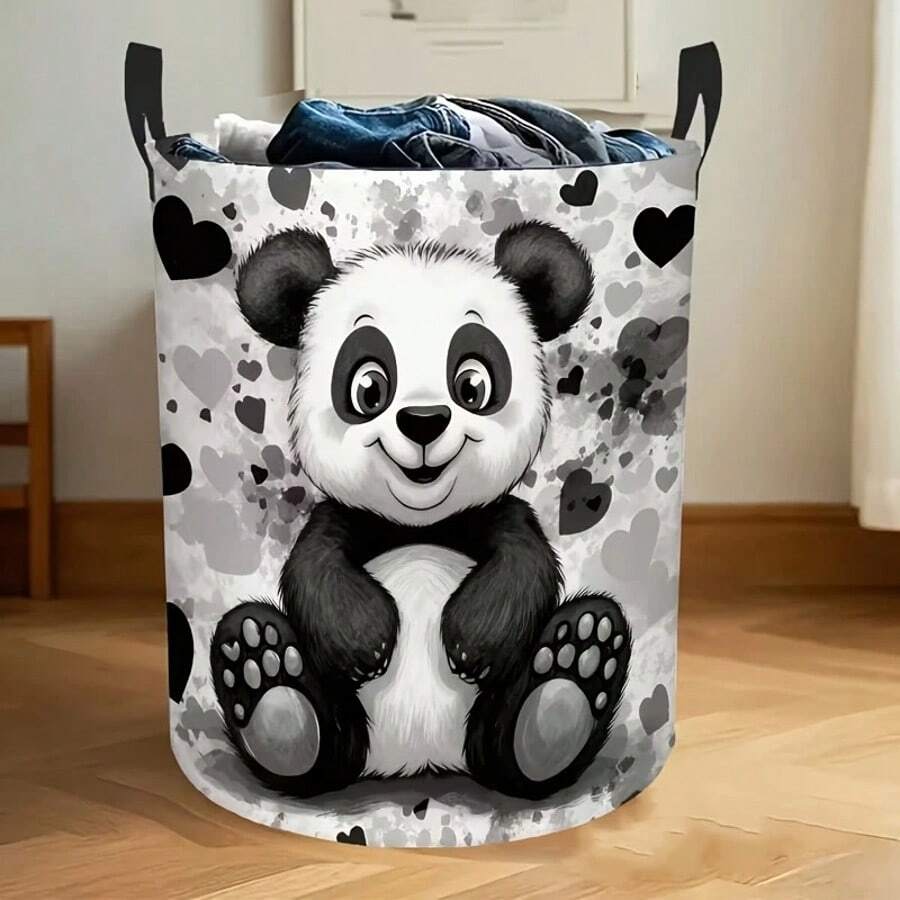 1件裝可愛熊貓與愛心圖案可折疊洗衣籃,附手柄,大容量收納籃,多功能髒衣與雜物整理桶,甜美居家裝飾,適用臥室、浴室與宿舍 - 黑與白 - 查看 1