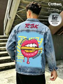 Men's Denim Jacket, Featuring A Red Lipstick Bullet Motif, White Ink Direct-To-Fabric Printing, And A Vintage Distressed Wash Finish - Light Denim Blue - View 1