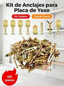 MEFENY Kit de Anclajes Metálicos para Placa de Yeso 100 Piezas, Tornillos de Expansión Sin Taladrar, Acero al Manganeso Antióxido, Fijación Resistente para Colgar Cuadros, Estantes, TV y Cortinas en Paredes Huecas - Dorado - Ver 1
