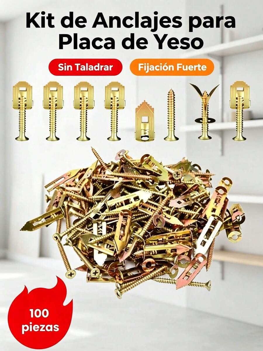 MEFENY Kit de Anclajes Metálicos para Placa de Yeso 100 Piezas, Tornillos de Expansión Sin Taladrar, Acero al Manganeso Antióxido, Fijación Resistente para Colgar Cuadros, Estantes, TV y Cortinas en Paredes Huecas - Dorado - Ver 1