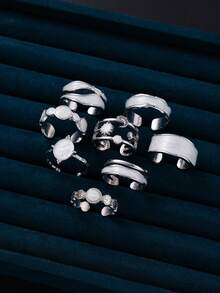 8pcs Bohemian Vacation Style Oil-Drip Geometric Sun Ring Set, Sweet Cool Girl Ins Alloy Stackable Rings, Holiday Gift, Beach Vacation, Birthday Gift Exquisite Jewelry - Silver - View 4