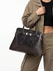 Retro-Style Distressed Black PU Square Handbag With A Straight Strap And Metal Buckle Featuring A Minimalist Design. Ladies' Tote Bag A Crossbody Bag - Black - View 3