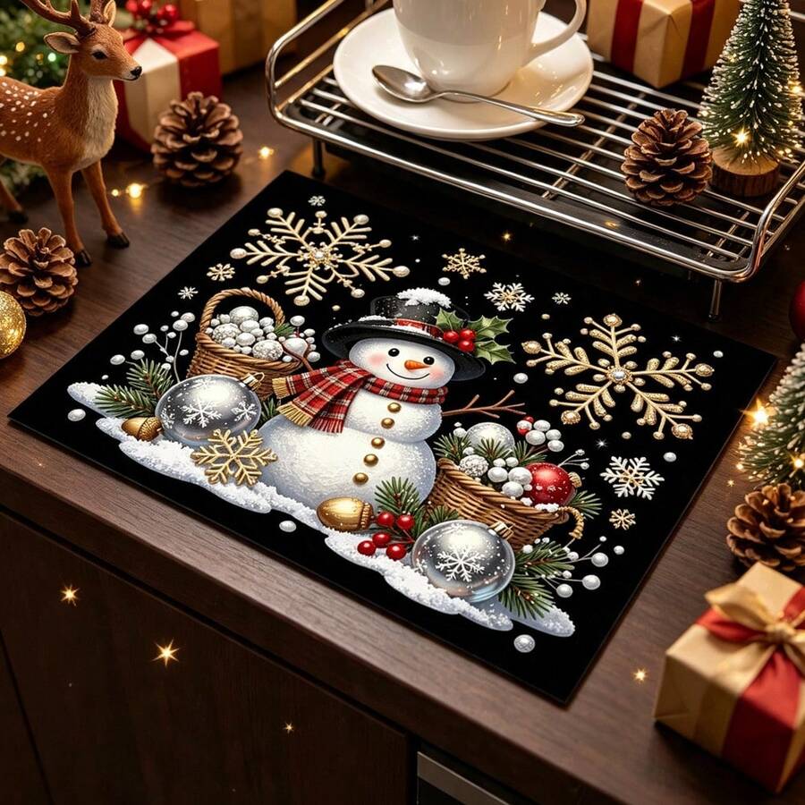 1pc Christmas Snowman Table Mat, Dish Drying Mat, Coffee Machine Mat, Absorbent Quick-Drying, Non-Damaging To Tabletop, Suitable For Holiday Dining Table, Kitchen Countertop, Christmas Atmosphere, Multi-Purpose Drying Mat, Home Gift, Tabletop Decoration