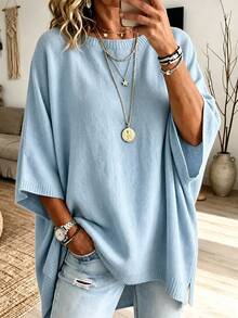 Plus Size Women's Light Blue Round Neck 3/4 Sleeve Knit Cover Up, Loose Drop Shoulder, Casual Commute Slimming Fitted Knit Sweater, Suitable For Autumn - Baby Blue - View 7