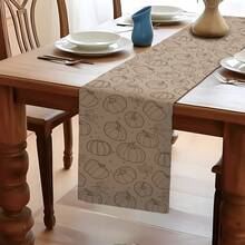MEMNUN 1pc Minimalist Line Art Pumpkin & Maple Leaf Print Table Runner, Polyester Material, Light Brown Background With Line Maple Leaf Autumn Harvest Thanksgiving Long Table Decor Cloth, Printed Craft, Fall Decor, Table Decor, Home Decor, Kitchen Decor, Table Cloth Rectangle, Home Decor Living Room, Suitable For Daily Home Atmosphere Creation, Dining Table, Tabletop, Countertop Decoration, Home DIY And More - Multicolor - View 3