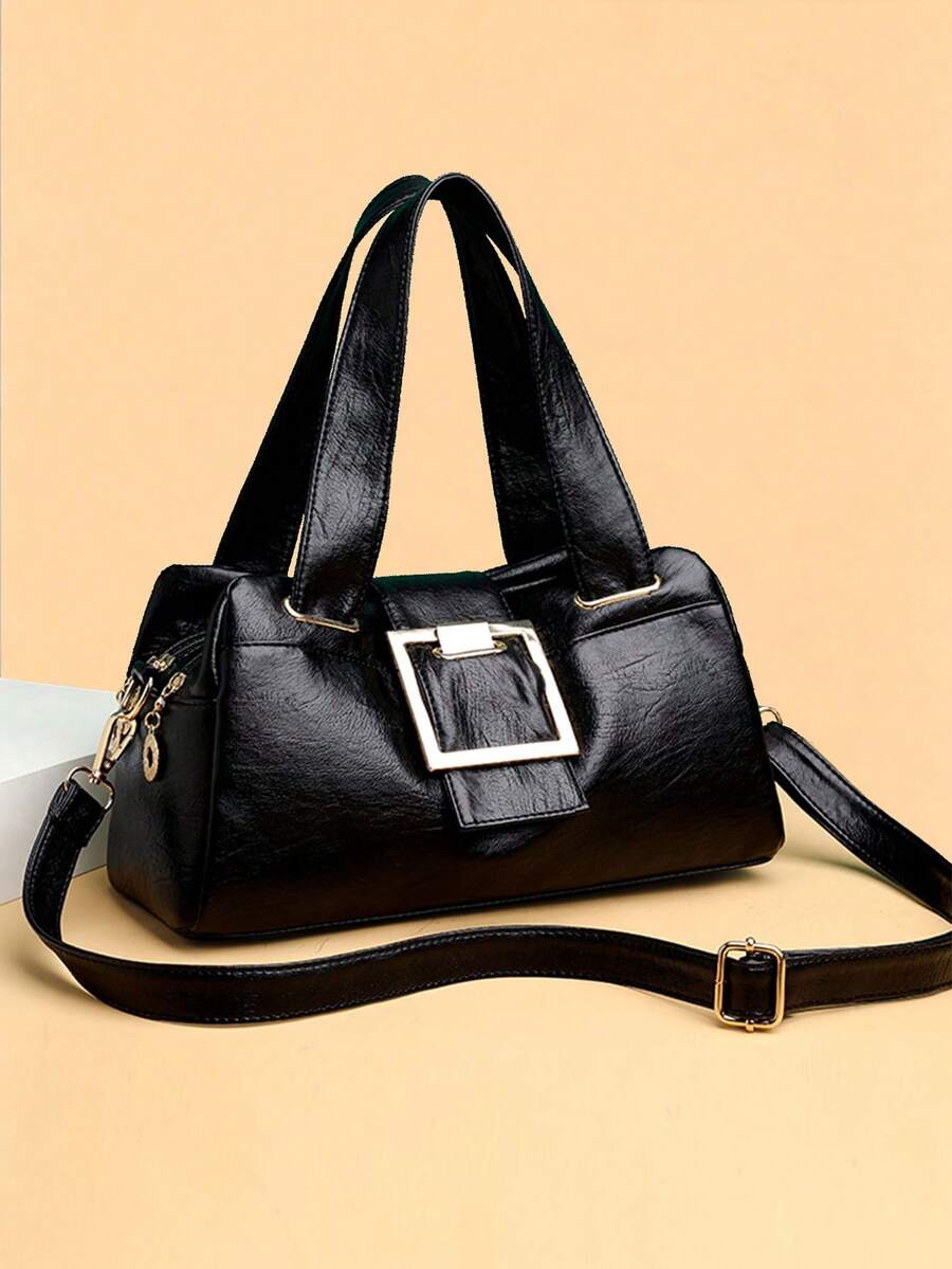 Women's Solid Color Pu Simple Lightweight Classic Multi-Functional Handbag - Black - View 1