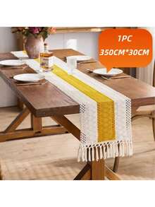 Bohemian Style Striped Table Runner, Yellow And White Woven Tassel Tablecloth, Farmhouse Style Hollow Crochet Placemat, Country Style Dining Table Centerpiece, Suitable For Dining Table, Birthday, Coffee Table, Wedding And Home Gathering - Middle Yellow - View 11