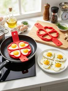 2 buah Alat Perebus Telur Silikon Berbentuk Hati dengan 4 Lubang - Warna Merah - Alat Masak Anti Lengket - Cocok untuk Pancake, Sandwich, dan Sarapan - View 3
