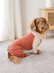 1PC Classic Striped Dachshund Dog Pajamas With Adjustable Neck And Back Drawstring, Soft High Stretch Warm Pet Jumpsuit - Red - View 4