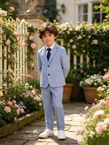 Tween Boys Handsome Fashion Gentleman Suit Set, 1 Jacket + 1 Pants + 1 Tie, Suitable For Wedding, Flower Boy, Performance, Christmas Party, Banquet And Other Formal Occasions - Baby Blue - View 6