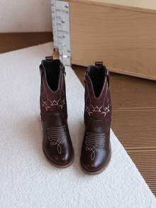1 Pair Girls' Embroidered Mid-Calf Boots, Children's Sequin Mid-Calf Boots With Side Zipper, Non-Slip Vintage Fashion Boots - Red - View 4