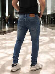 Men's Slim Fit Premium Denim Jeans With Lycra Stretch - פוף כחול - ראה 3