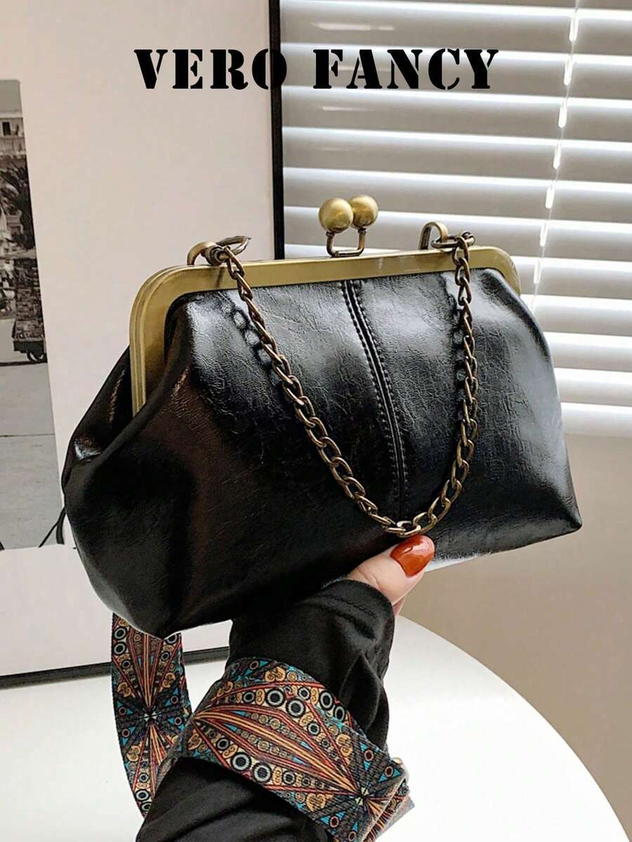 極簡純色刺繡貝殼包,大容量口袋錢包,時尚鏈條金屬夾式斜跨手機包 - 黑色 - 查看 1
