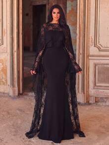 Elegant Black Long Mermaid Skirt With Contrasting Lace And Bell Sleeves, Romantic Round Neck Formal Gown - Black - View 8