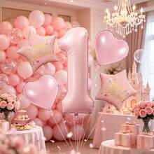 5pcs Set 40 Inch Blue Number 1, 18 Inch Blue Heart And Blue Happy Birthday Printed Star Foil Balloons For 1st Birthday Party Decoration - Pink - View 5