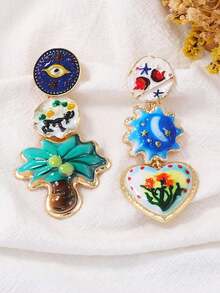 1 Pair Vintage Design Multi-Element Painted Evil Eye Floral Coconut Tree Decorative Earrings, Fashionable Versatile Stud Earrings For Women, Suitable For Daily Wear And Vacation Party - Multicolor - View 2