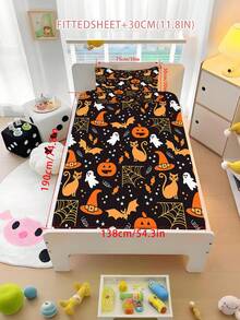 2/3PCS Black Halloween Cartoon Fitted Sheet Set Pumpkin Bat Print Fitted Sheet Set Soft Breathable Bedding For All Seasons Twin/Full/Queen 100% Polyester Machine Washable - Multicolor - View 9