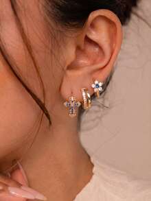 6pcs/Set Copper Zirconia Stone Fashionable High-End Multi-Element Earrings Set, Exquisite Versatile Women's Holiday Party Date Decorative Gift - Silver - View 4