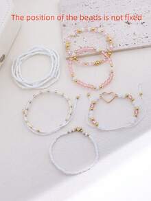 10pcs/Set Bohemian Style Handmade Seed Bead Hollow Heart Bracelet Set, Women's Jewelry Accessories - White - View 6