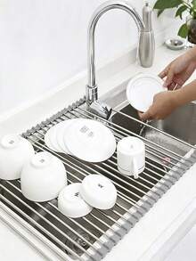 Foldable Sink Drying Rack, With Stainless‑Steel Poles And Silicone Edging. Available In Multiple Sizes And Colors, Heat‑Resistant, For Draining Tableware. It Can Be Rolled Up For Storage After Use To Save Kitchen Space. - Multiple Specifications - View 2